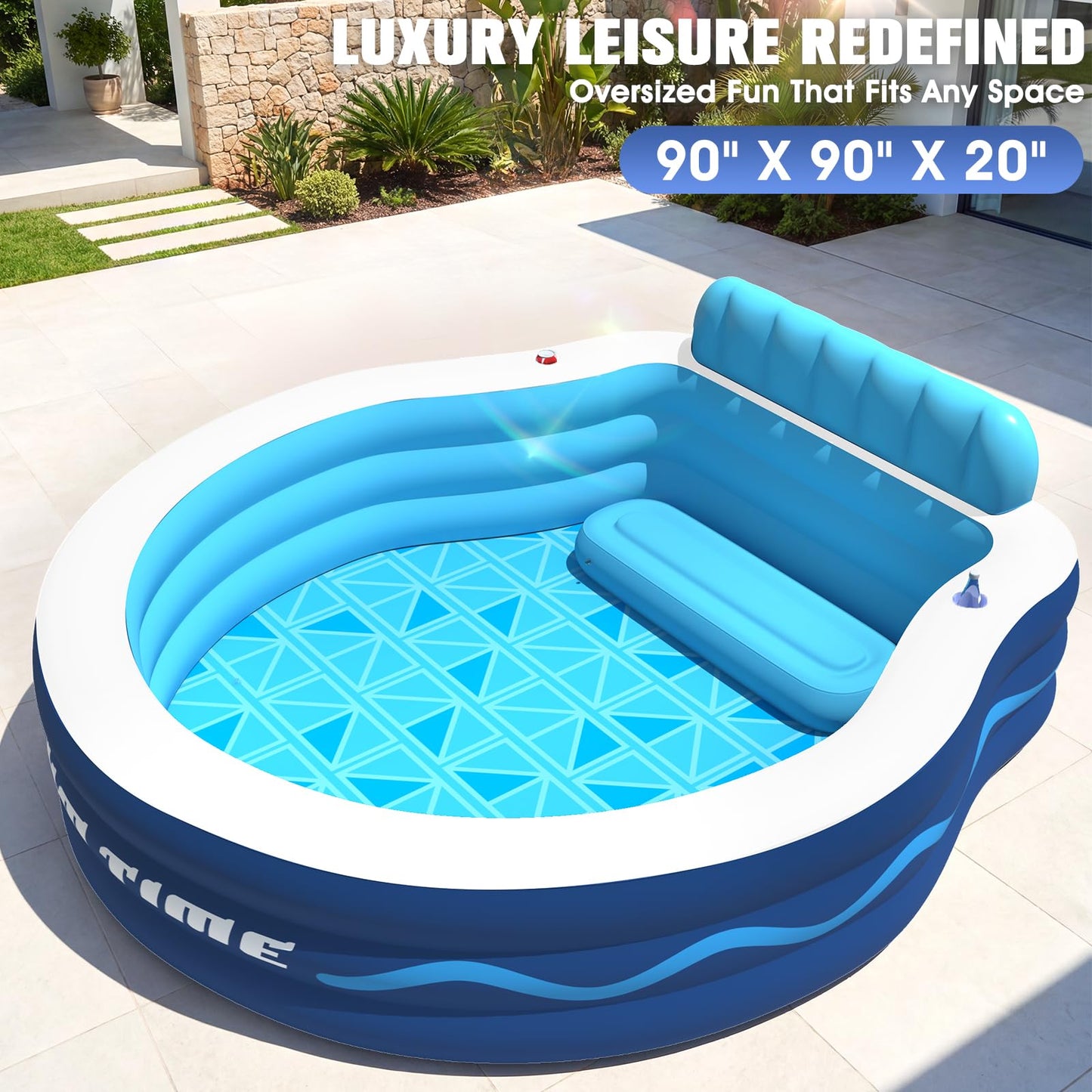 AixPool Inflatable Pool with Seats and Headrest,Oversized Thickened Large Blow Up Pool for Audlt,Inflatable Backyard Pools for Adult,Durable Swim Center Inflatable Family Lounge Pool 90"×90"×20"-White