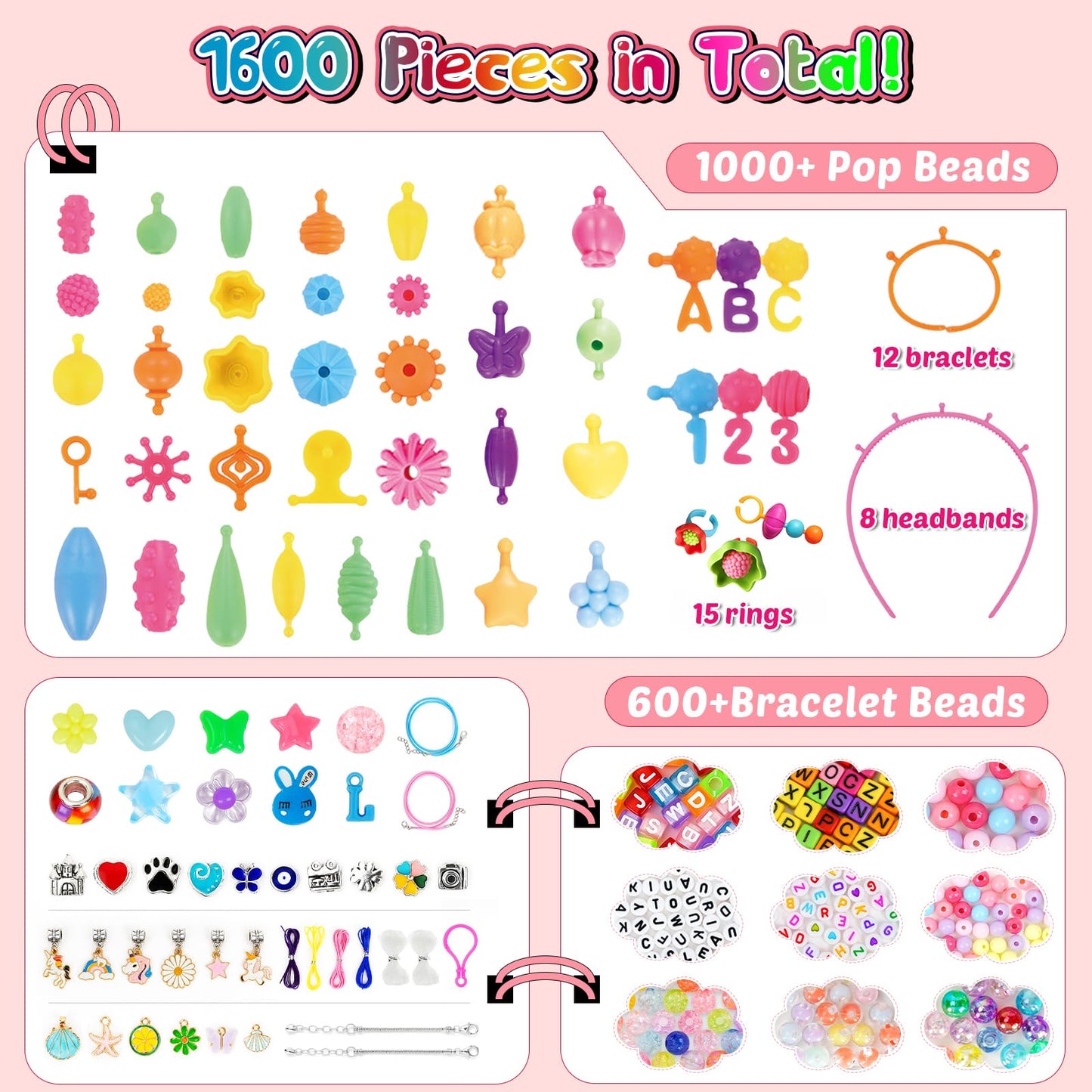 FUNZBO 1600 Pcs Pop Beads with Bracelet Making Kit, Jewelry Making Kit for Little Girls, Arts and Crafts Toys, Necklace Bracelet Ring Snap Set, Birthday Gifts for Kids Ages 3-9 Years Old