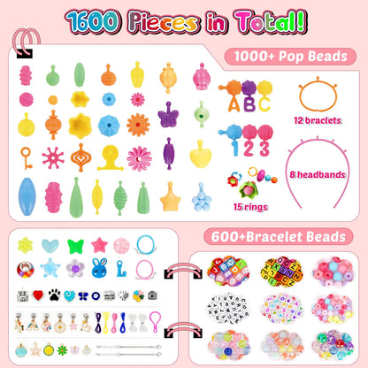 FUNZBO 1600 Pcs Pop Beads with Bracelet Making Kit, Jewelry Making Kit for Little Girls, Arts and Crafts Toys, Necklace Bracelet Ring Snap Set, Birthday Gifts for Kids Ages 3-9 Years Old