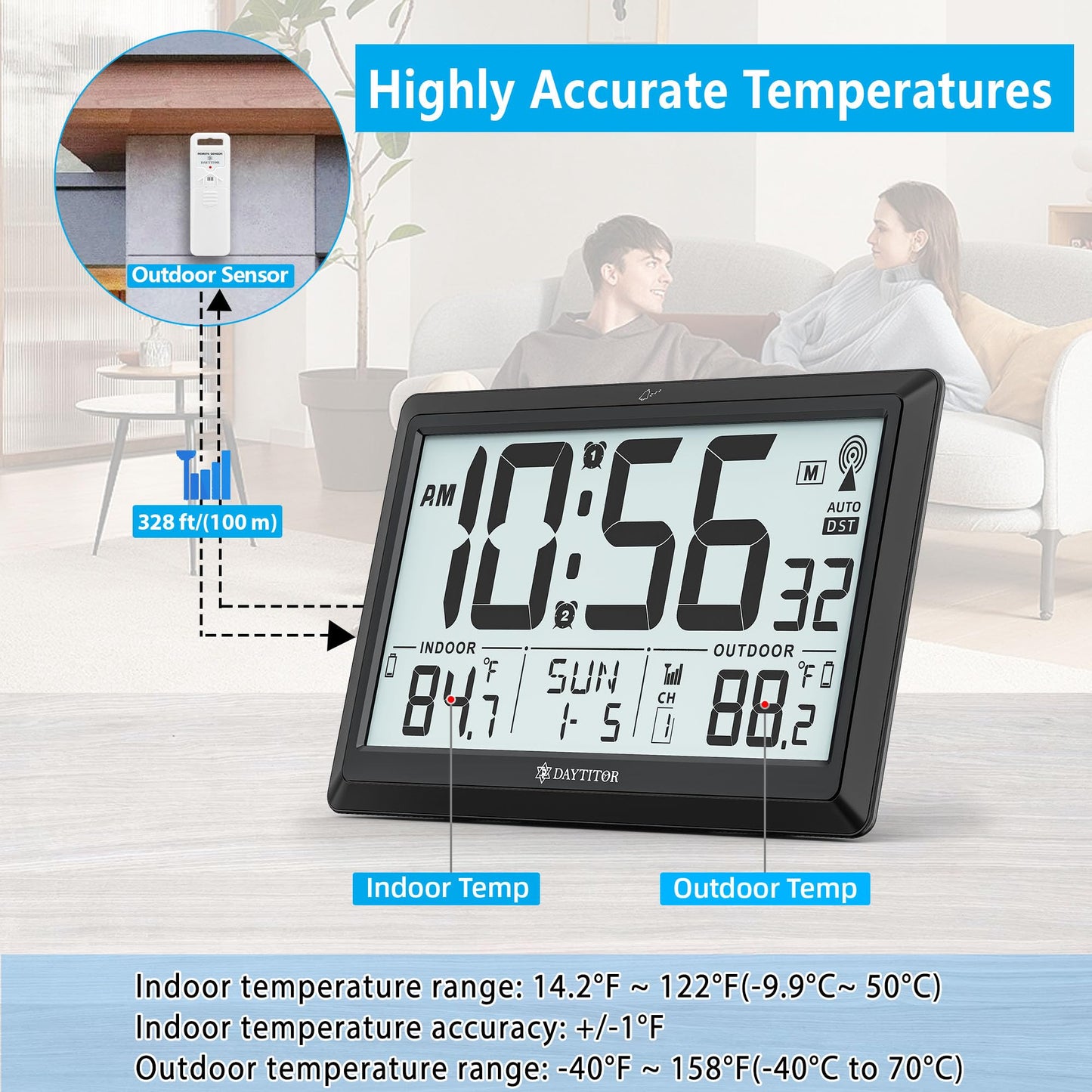 Atomic Clock Wall with Indoor/Outdoor Temp, Battery Operated Digital Wall Clock with 10.5" Large LCD Display, 330ft Range Desk Table Clock with Alarm, DST, Calendar for Living Room Bedrooms, Black