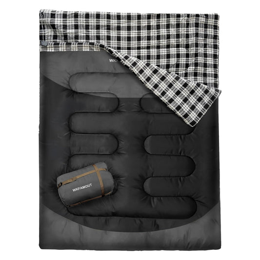 WKFAMOUT Cotton Flannel Double Sleeping Bag for Adults Machine Washable 2 Person Camping Sleeping Bag Queen Size Waterproof with Compression Sack for Cold Weather 3-4 Seasons