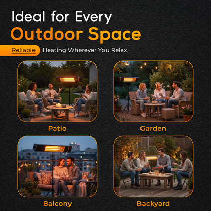 Outdoor Carbon Fiber Infrared Patio Heater - 800/1300/1500W, Tripod Stand or Wall Mount, IP65 waterproof, Remote Control, Silent & Energy-Saving for Balcony, Backyard, or Patio