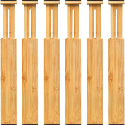 VaeFae Adjustable Bamboo Drawer Dividers, Expandable Drawer Organizer for Kitchen, Bedroom, Bathroom, Dresser and Office, 6-Pack