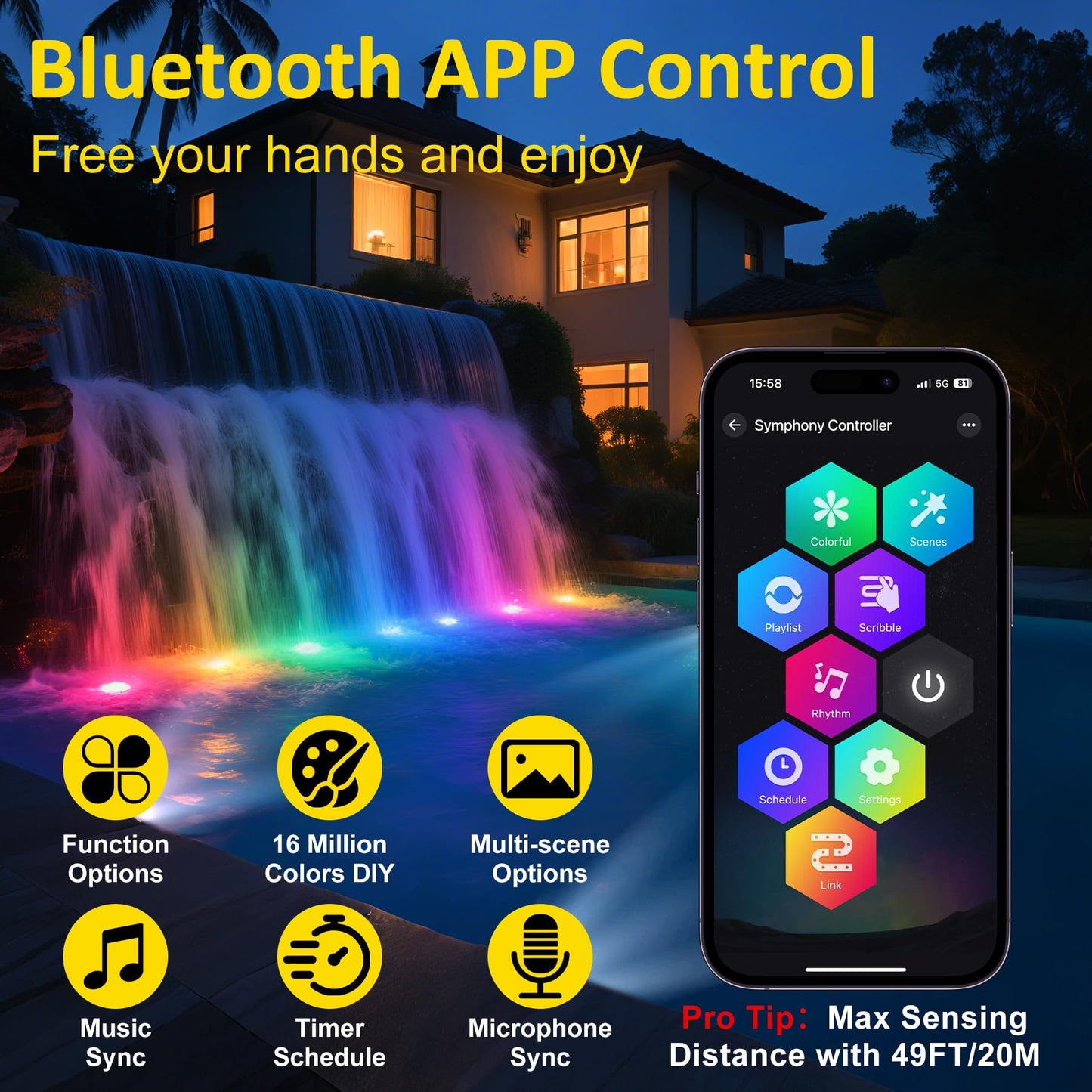 T-SUN Pond Lights LED Underwater – IP68 Waterproof Smart App & Remote Submersible Fountain Lights with 16 Million Colors Dimmable Timer for Outdoor Koi Pond Garden Waterfall Aquarium(Set of 8)