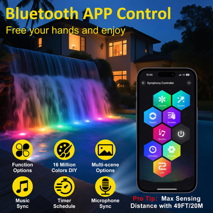 T-SUN Pond Lights LED Underwater – IP68 Waterproof Smart App & Remote Submersible Fountain Lights with 16 Million Colors Dimmable Timer for Outdoor Koi Pond Garden Waterfall Aquarium(Set of 8)