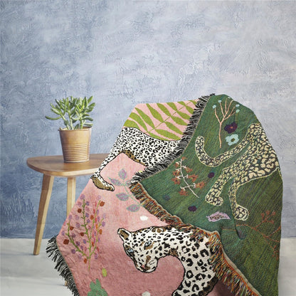 JQZ Bohemian Throw Blanket, Woven Cotton with Fringe, for Sofa, Bed, Picnic, Outdoor Camping (Snow Leopard)