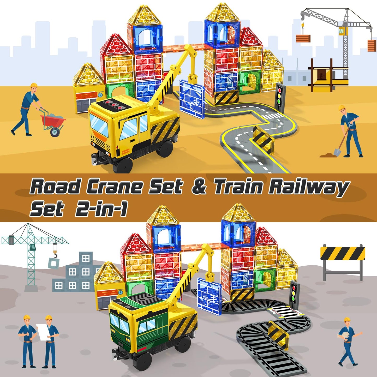 Soyee Magnetic Tiles Magnetic Construction Toys with 2 Cranes Boys Toys for Ages 3-5 5-7 Magnet Building Blocks Chritmas Gifts Boys Sensory Autism Montessori Toys Gift for 3+ Year Old