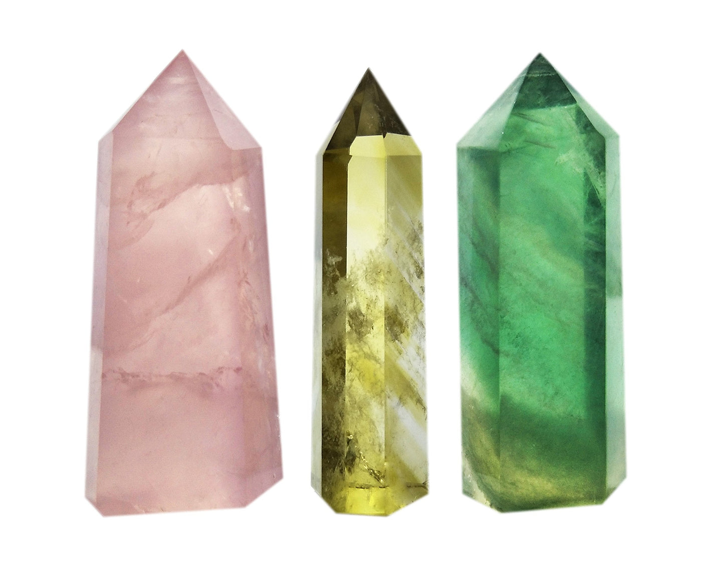 Set of 3 Natural Crystal Wands – Rose Quartz, Citrine (Yellow Quartz) & Fluorite, Faceted & Pointed Energy Wands for Reiki, Chakra Meditation, Crystal Healing, Crystal Decor & Home Décor