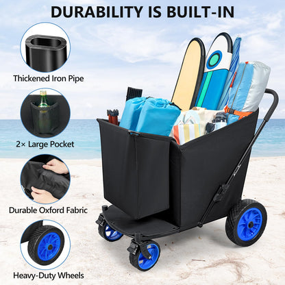 KEDSUM 11.3 Cu.Ft. 400LBS Large Capacity Beach Wagon with Big Wheels for Sand, 12" Rubber Wheels Beach Cart, Heacy Duty Collapsible Wagon for Sand, One-Click Foldable