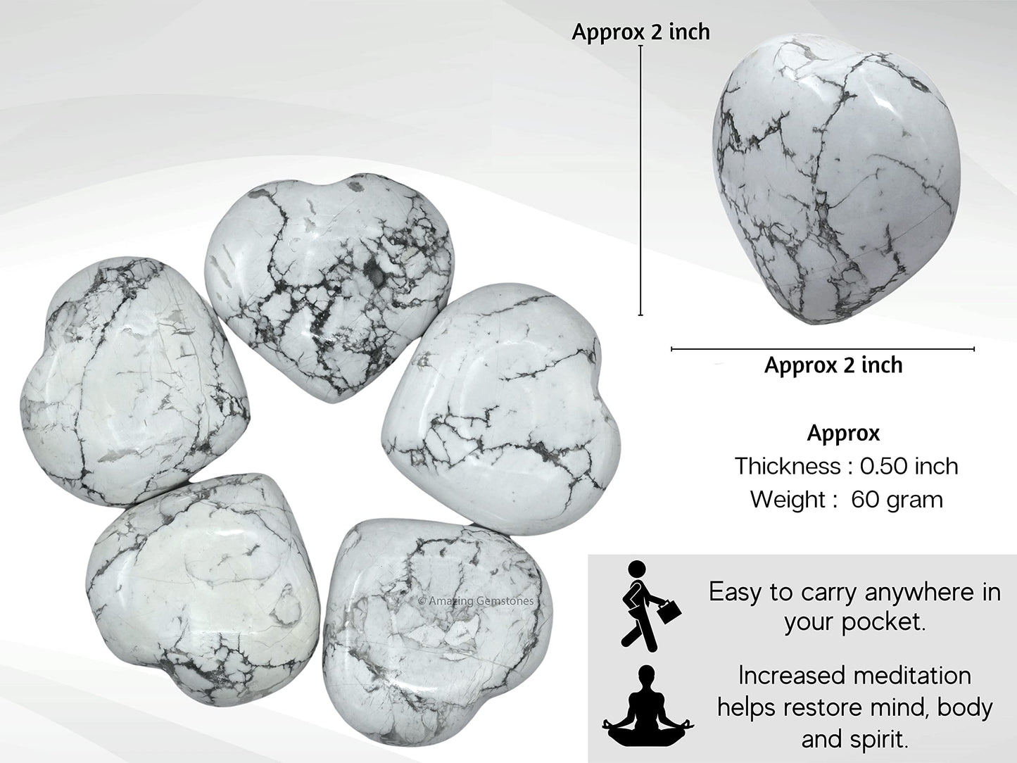Howlite Crystal Heart Palm Stone - Pocket Massage Worry Stone for Natural Body Chakra Balancing, Reiki Healing and Crystal Grid