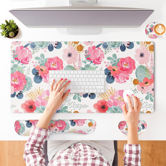 QiyI Leather Desk Mat Set, 4-in-1 Large Mouse Pad with Wrist Rest, Non-Slip Desk Pad + Keyboard Wrist Rest + Mouse Wrist Support + Coaster, Office Desk Accessories Home Decor Supplies, Pink Flowers