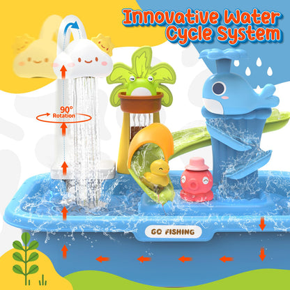 21" H Play Sink with Running Water, 4-in-1 Kids Kitchen Sink Toy with Electric Faucet, Mini Water Table with Detachable Legs, Fishing Game, Pretend Play Dishwasher Gift Set for Boys & Girls(Blue)