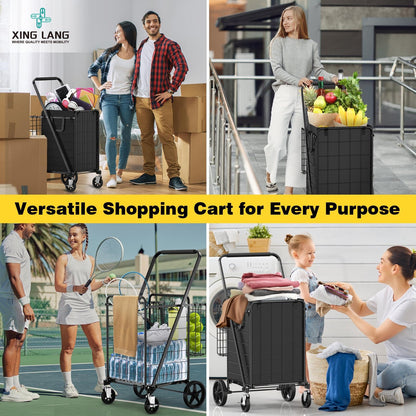 XING LANG 4.5 Cu Ft Folding Shopping Cart - 420 LB Capacity Grocery Cart with 360° Braked Swivel Wheels - Heavy Duty Utility Cart with Double Basket & Removable Waterproof Liner with Lid for Laundry