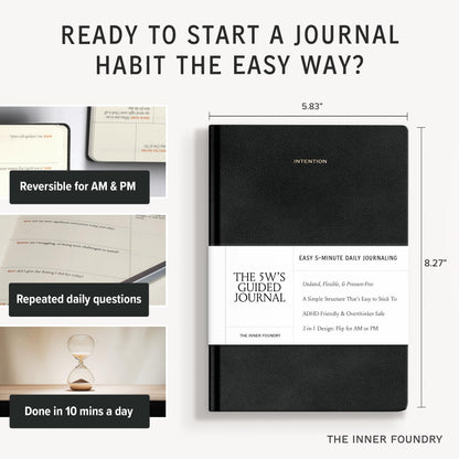 10-Minute Morning & Night Journal – Reversible AM/PM Guided Notebook for Mindfulness, Focus & Consistency – Undated Daily Journal in Black Vegan Leather | The 5W’s Guided Journal by The Inner Foundry