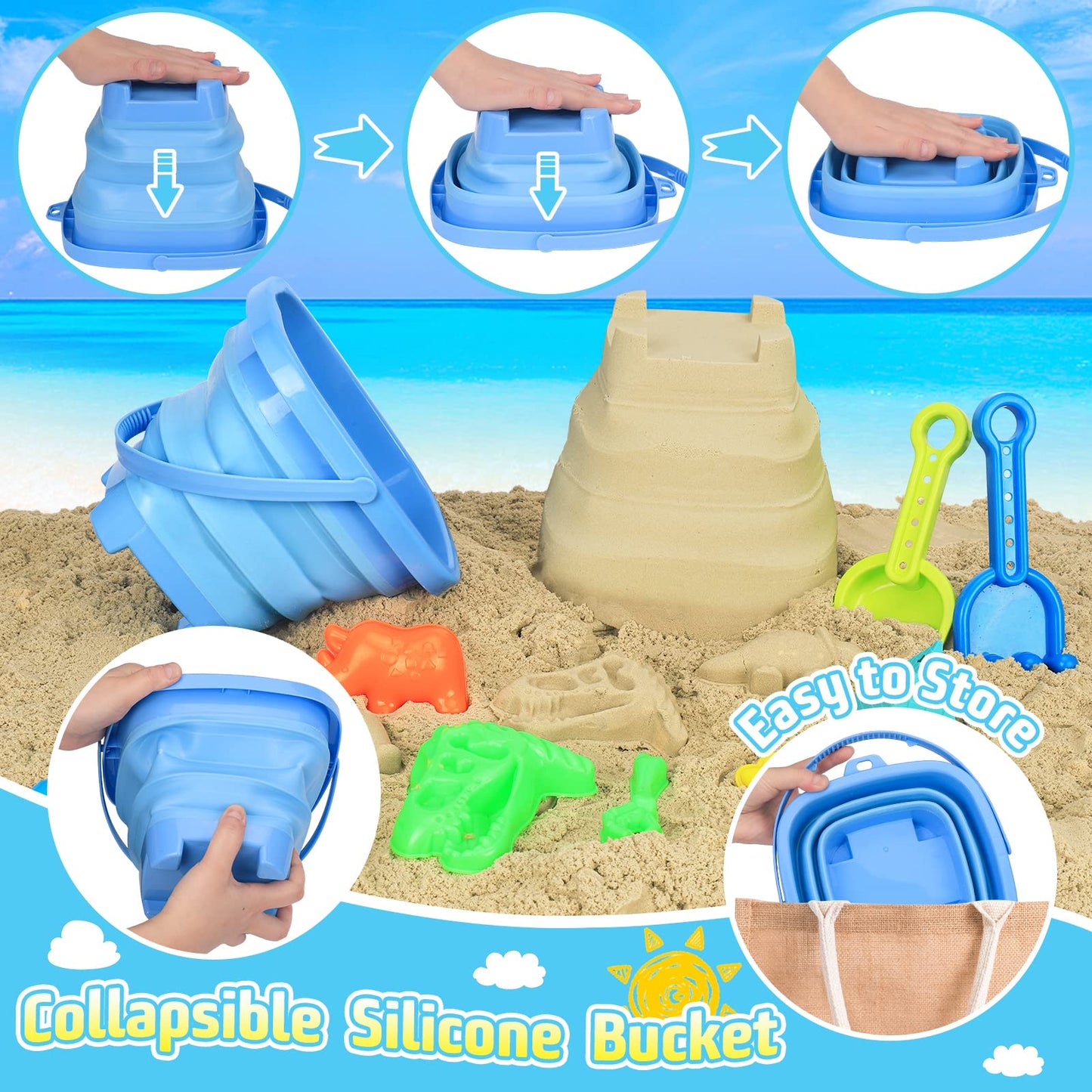 FUSPWEAO Beach Toys, Dinosaur Sand Toys with Dump Truck and Collapsible Beach Bucket, Shovel and Rake, Mesh Bag, Animal Dinosaur Sand Molds, Sand Castle Toy, Sandbox Toys for Toddlers Kids Boys