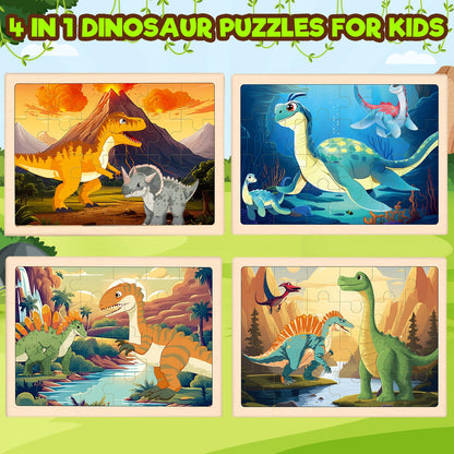 Puzzles for Kids Ages 4-6, 4 Packs Wooden Dinosaur Puzzles for Toddlers Ages 3-5, Preschool Educational Dino Puzzles Boards Toys Gifts for 3 4 5 6 Boys Girls