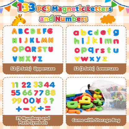 GINMIC Magnetic Letters and Numbers with Magnet Board, Alphabet ABC Magnets, Learning & Educational Toys - Uppercase Lowercase Math Symbols with Magnetic Whiteboard Chalkboard for Toddlers Kids