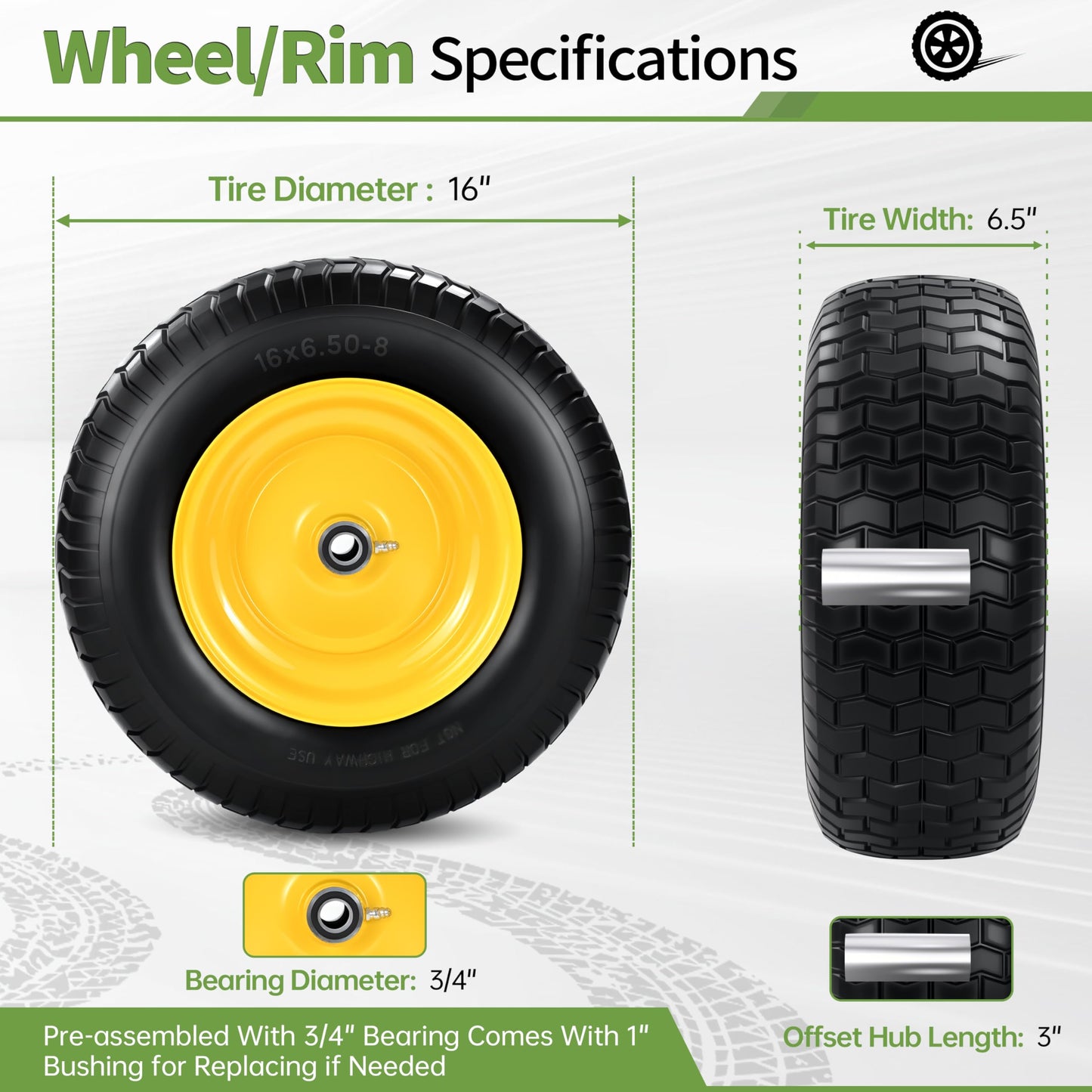 2 PCS 16x6.50-8 Flat Free Riding Lawn Mower Tire and Wheel with 1" Bushing, 3/4"Bearing，3"Offset Hub,Fit for Lawn Mowers and Garden Tractor, Solid Mower Wheel for Residential and Commercial 500 Lbs