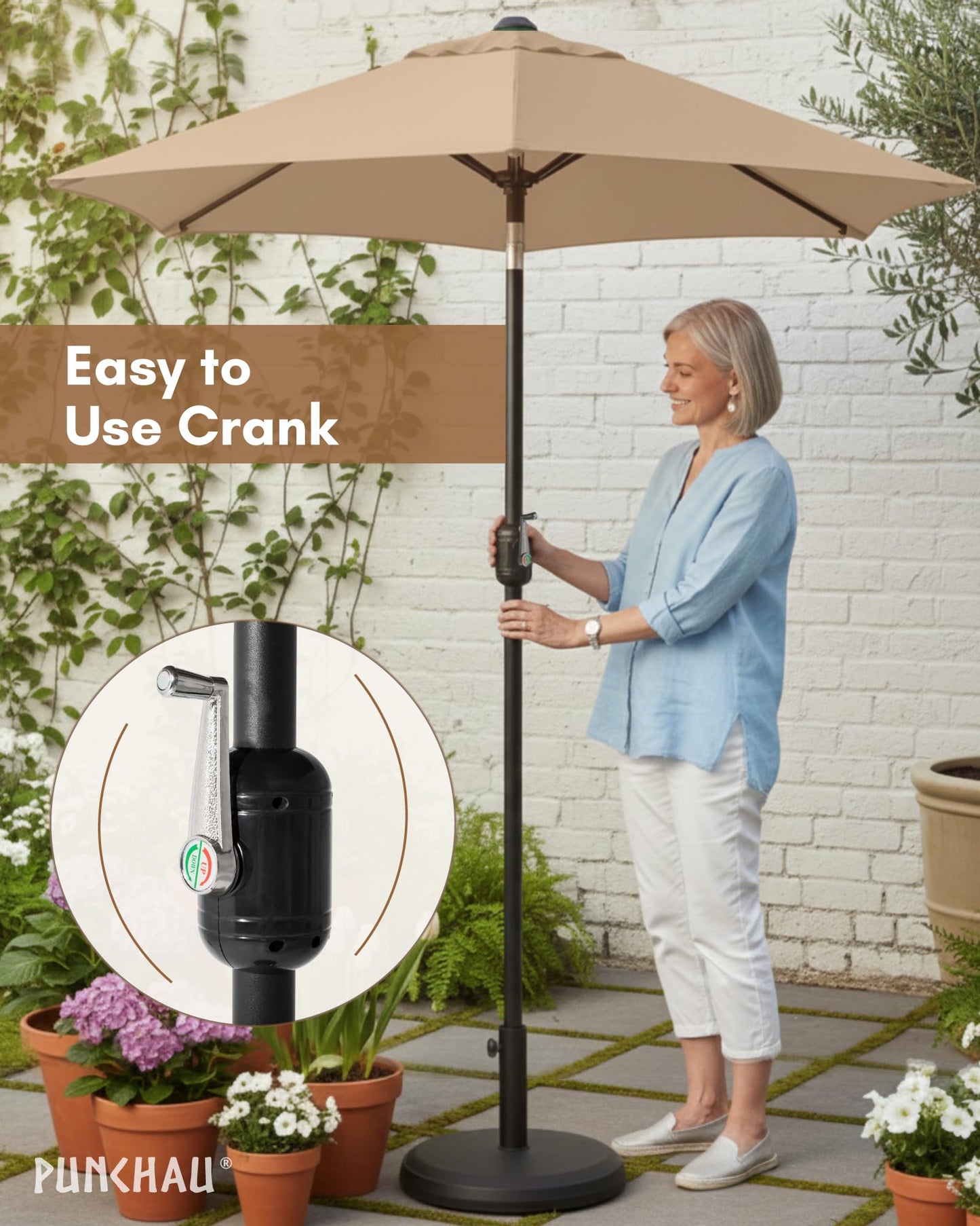 Punchau 6 Ft Outdoor Patio Umbrella, Easy Open/Close Crank and Push Button Tilt Adjustment, 6 Foot, Small Patio Sand Market Umbrellas for Outdoor