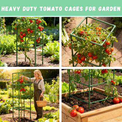Riare 6 Pack Square Tomato Cages for Garden Plant Support- Up to 45 Inch Tomato Cage Garden Stakes Tomato Trellis for Potted Plants Raised Garden Bed Climbing Vegetables Flowers Outdoor Indoor
