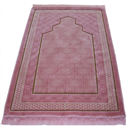 Modefa Turkish Islamic Velvet Prayer Rug - Thick & Wide Soft Praying Carpet for Men & Women - Double Plush Large Janamaz - Eid & Ramadan Gift - with Kufi, Beads & Car Hanger - Geometric Noor (Pink)