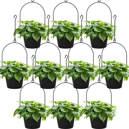 Hushee 10 Packs Metal Hanging Planters for Outdoor Indoor Plants Plant Hanger with 6.3'' Plastic Pots Hanging Planter Basket for Garden Home Porch Decor (Black)