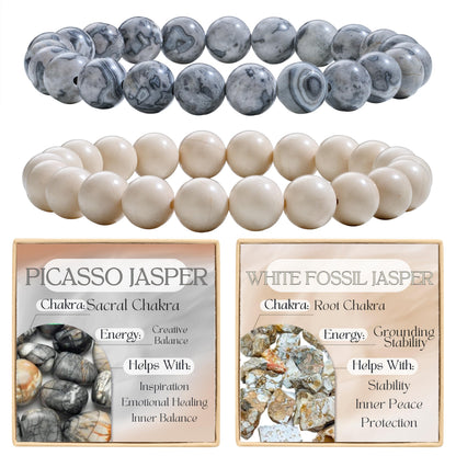 Bivei 2-Piece 8mm Beaded Bracelets for Women – Picasso Jasper, White Fossil Jasper – Handmade Natural Crystal Stretch Elastic Jewelry for Meditation, Yoga, Protection Gifts
