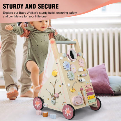 Pithfor Wooden Baby Walker, Baby Push Walker, Push Walker Toys for Babies Learning to Walk & Sit-to-Stand, with Montessori Sensory Toy & Activity Center for Girls Boys