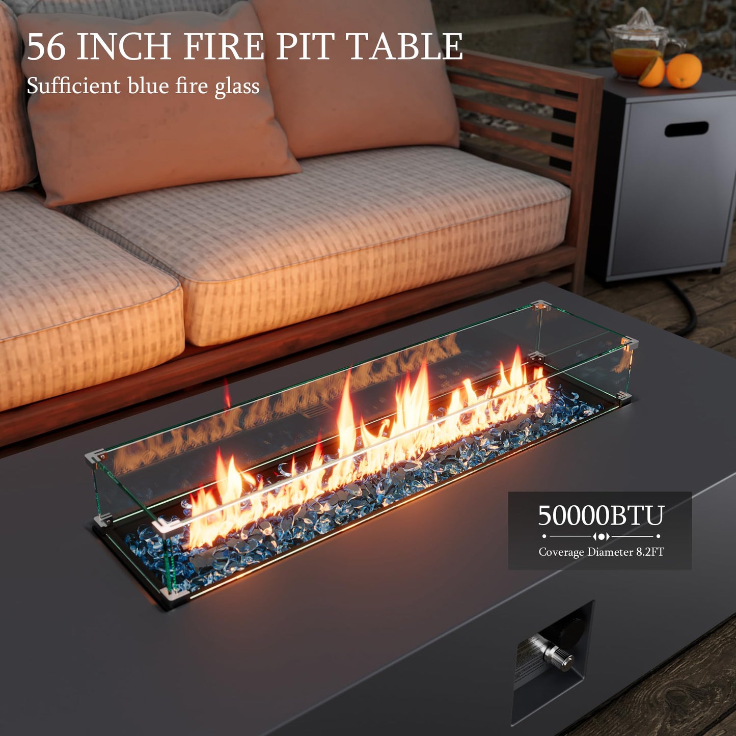 UPHA 56-inch Outdoor Propane Gas Fire Pit Table 50000 BTU Iron Rectangle Firepit for Outside Patio with Tank Hidden Table, Wind Guard, Removable Lid, Blue Glass Rocks, Rain Cover, Grey