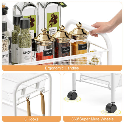 TOOLF 4-Tier Rolling Cart, Metal Utility Cart with 3 Hooks, Easy Assemble Mobile Storage Trolley On Wheels, Metal Shelving Units Kitchen Bathroom Laundry Room