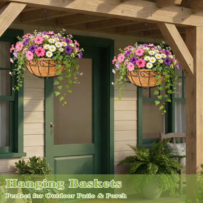Qusuxi 4 Pack 12 Inch Hanging Baskets for Plants Outdoor Metal Hanging Planter Hanging Flower Baskets with Coco Fiber Liners Chain Round Wire Plant Holder Flower Pots(Plaid)