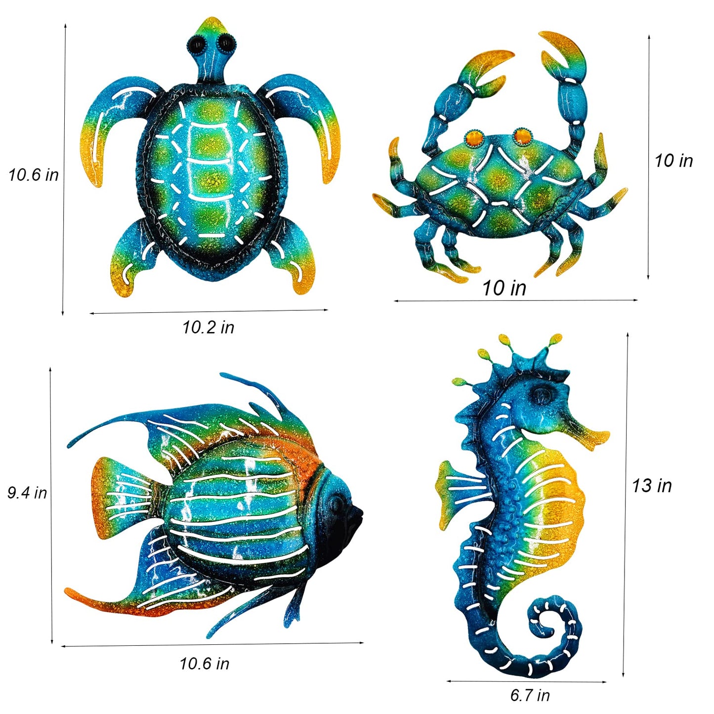 Meduofon Set of 4 Metal Outdoor Wall Art Decor, Blue Turtle Fish Crab and Seahorse Suitable for Beach Ocean Pool Decor, Metal Yard Fence Garden Children Room Bathroom Livingroom Wall Decoration