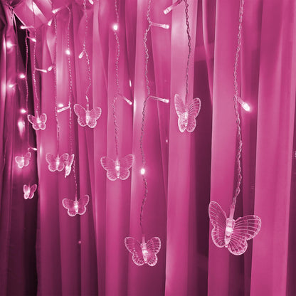 MinoMia Butterfly Curtain Fairy Lights, 96 LED, 11.5FT, USB Plug, 8 Modes, Remote Control, Pink