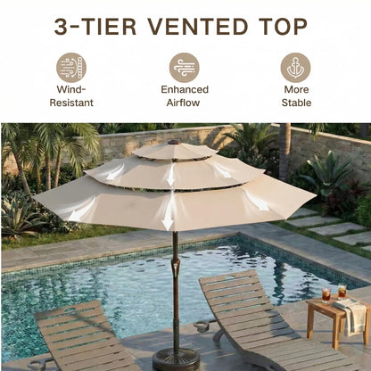 Kingdura 9ft 3-Tier Patio Umbrella, Outdoor Table Umbrella with Easy Crank & Tilt, 8 Reinforced Ribs, UV Protection for Deck, Pool, Market, Backyard (Beige)