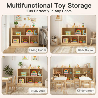 PTINFLUCE Rubber Wood Montessori Shelf, Wooden Toy Storage Organizer for Books Toys, 2 Shelf Bookcase, 5-Section Storage Cabinet, Toddler Book Shelf for Kids Rooms, Playroom, Nursery, Kindergarten