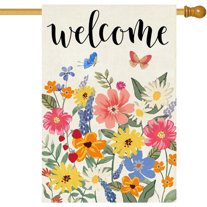 Baccessor Spring Summer Welcome House Flag Double Sided 28x40 Inch Burlap,Floral Butterflies Large Garden Flag Porch Patio Front Entry Yard Seasonal Farmhouse Outside Outdoor Decor