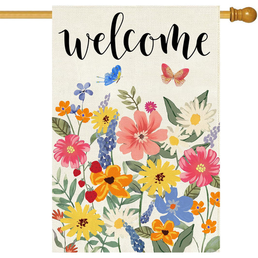 Baccessor Spring Summer Welcome House Flag Double Sided 28x40 Inch Burlap,Floral Butterflies Large Garden Flag Porch Patio Front Entry Yard Seasonal Farmhouse Outside Outdoor Decor