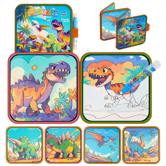 Dinosaur Water Coloring Book Toy for Toddler–Reusable Water Painting Book with Water Pen,Mess Free Coloring Magic Water Book for Kids,Preschool Educational Drawing Travel Toys for Boy/Girl Age 3+