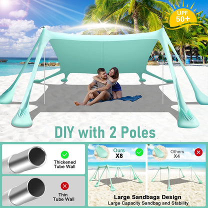 Ahititi Beach Tent Sun Shelter Beach Canopy Tent Sun Shade Pop Up 10x10 UPF50+ with 8 Sandbags-2 Sand Shovel-Portable 4 Aluminum Poles-Ground Pegs-Easy Setup for Outdoor Family Camping Fishing Picnic