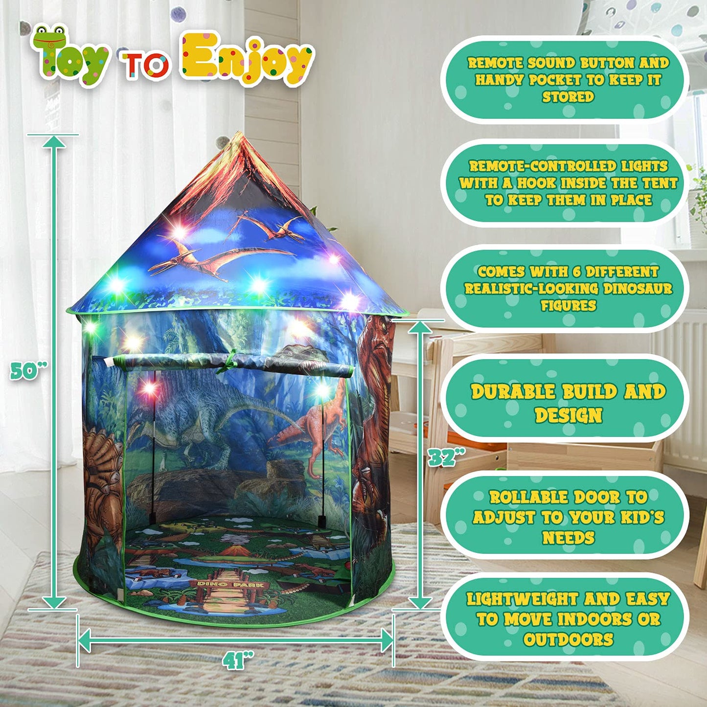 Dinosaur Pop Up Kids’ Play Tent by Toy to Enjoy - Perfect for Indoor & Outdoor. Dinosaur Camping Tent for Toddlers, Boys&Girls. Includes Remote Controlled Lights, Roar Sound Button & 3 Different Toys