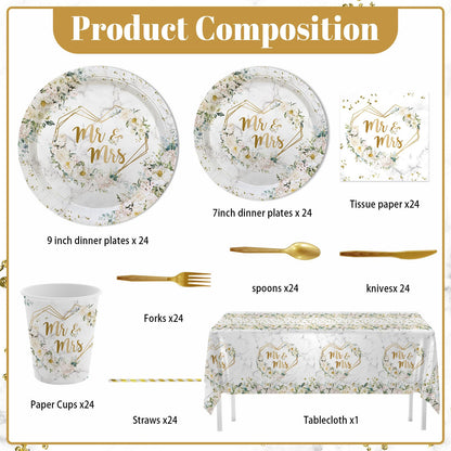 MEHOFOND 193 pcs White Wedding Party Decorations, Mr and Mrs Paper Plates Cup and Nakpins Set, Floral Wedding Disposable Dinnerware with Tablecloth, Bridal Shower Disposable Party Supplies, 24 Guests