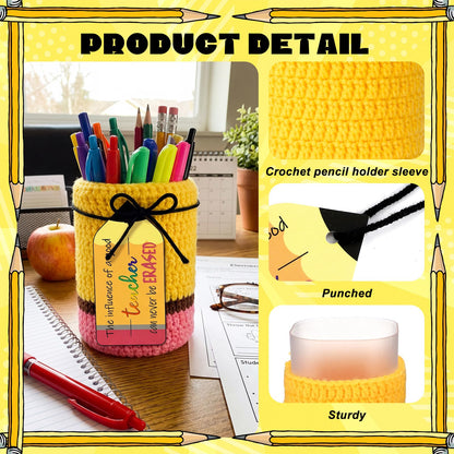 Rivvlive 6 Set Crochet Teacher Appreciation Gift Pencil Holder with Positive Card Classroom Desk Stationery Storage Organizer Thank You Gifts for Teachers Educator Staff Office School Supplies