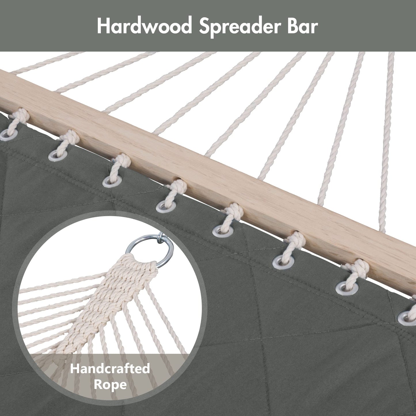 ANOW 2 Person Hammock with Spreader Bars and Detachable Pillow, Quilted Hammock for Outdoors Indoors, 450 LBS Weight Capacity, Gray