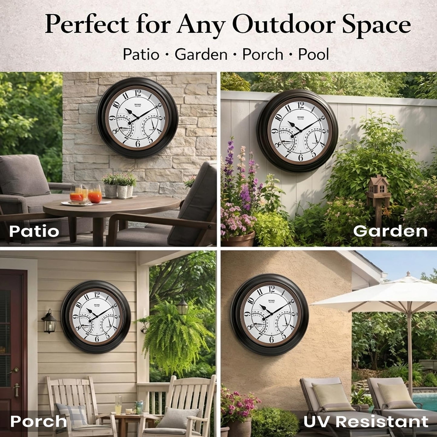 Pytha Sight 24 Inch Outdoor Clocks Waterproof, Large Easy-to-Read Illuminated Outdoor Wall Clock with Smart Light Sensor, Silent Large Outdoor Clock for Patio, Pool,Porch,Garden,Backyard