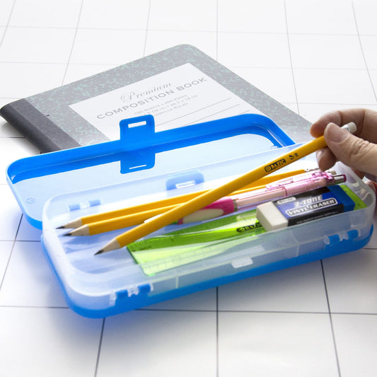 BAZIC PRODUCTS Plastic Pencil Case, Double Deck Utility Storage Box, Multi Purpose Organizer & Supply Holder, Transparent Box Design, Assorted Color, Ideal for School, Office & Craft Use, 4-Pack
