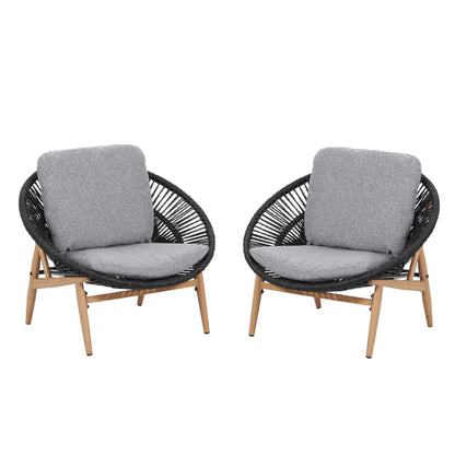 Merax Outdoor Wicker Papasan Chair Set of 2, Rattan Patio Papasan Egg Lounge Chair with Cozy Cushion, Low Seat Round Chair for Backyard Balcony Garden Poolside, All-Weather, Easy Assembly, Grey