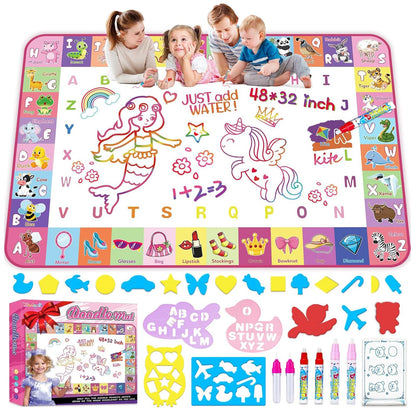 Toddlers Toys Water Doodle Mat: 48 X 32 Inch Large Mess Free Coloring & Drawing Mat - Instant Drying - Kids Educational Toys for Girls Age 3-5 Home Activities - Birthday/Christmas Gifts for Girls Boys