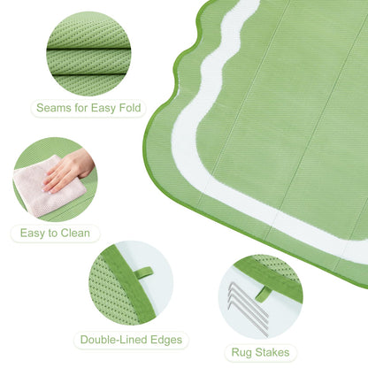 Uphome Outdoor Rug Waterproof 8x10, Large Reversible Green Scalloped Patio Plastic Straw Rugs, Foldable Modern RV Camping Outside Carpet Mat for Pool Back Yard Deck Picnic, 8 x 10 ft