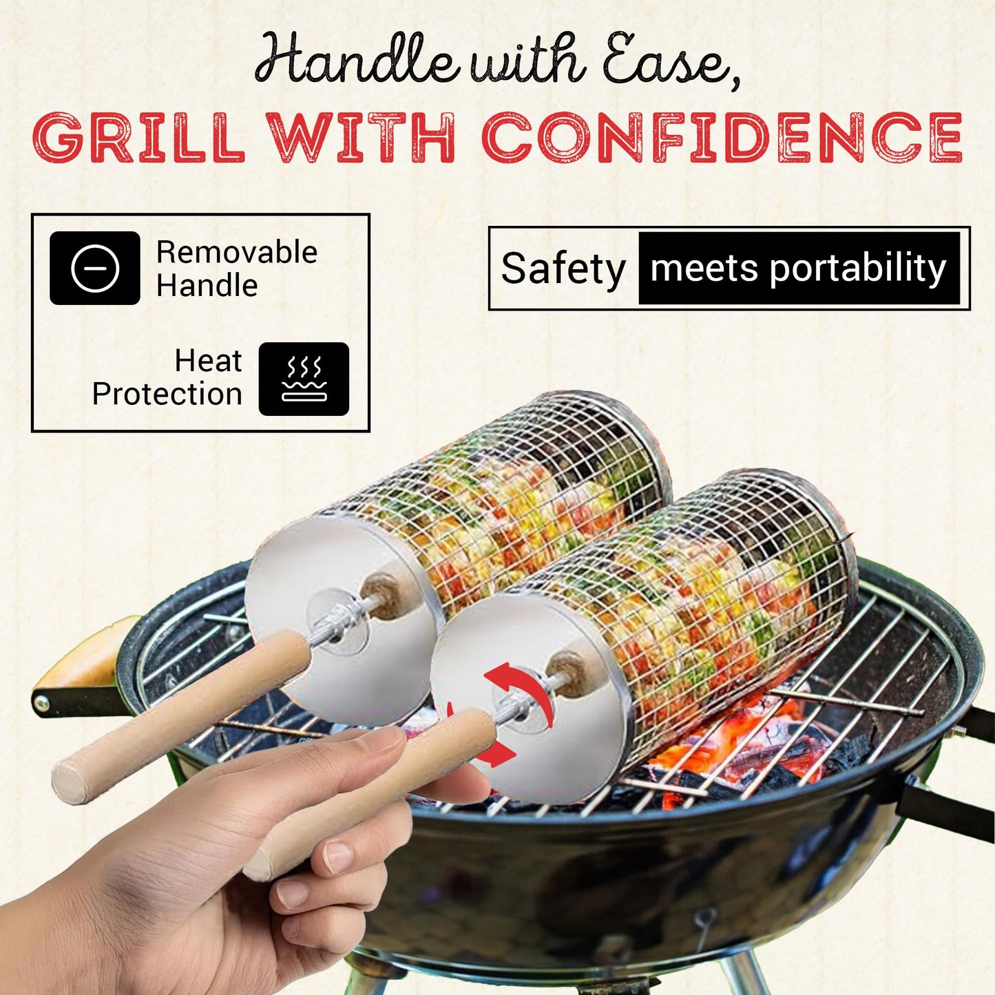 Rolling Grill Basket Round Shaped with Removable Wooden Handle, 304 Stainless Steel, Nesting Grilling Net, BBQ Accessories Tools for Vegetables Shrimp, Outdoor Cooking Camping Gift