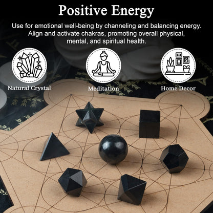 Crocon Black Tourmaline 7Pcs Platonic Solids Crystal Geometry Set, Platonic Solids Sacred Geometric Stones for Meditation Reiki Balancing Healing Chakra Stone Cleansing Spiritual Good Luck (15-20 mm)